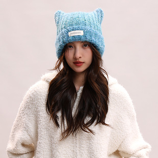 亚比风渐变猫耳朵针织帽子女2025新款冷帽毛线帽秋冬天百搭包头帽
