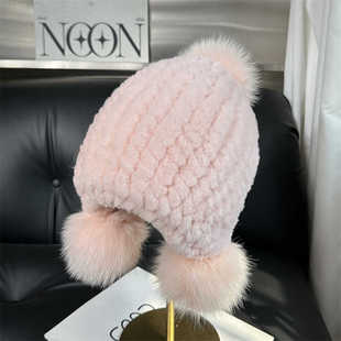 新款真獭兔毛绒女童帽子可爱加厚护耳秋冬季抗寒保暖真皮草儿童帽