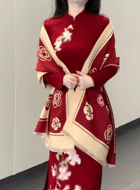 小香风红色两用围巾搭结婚订婚礼服旗袍披肩女秋冬山茶花保暖双面