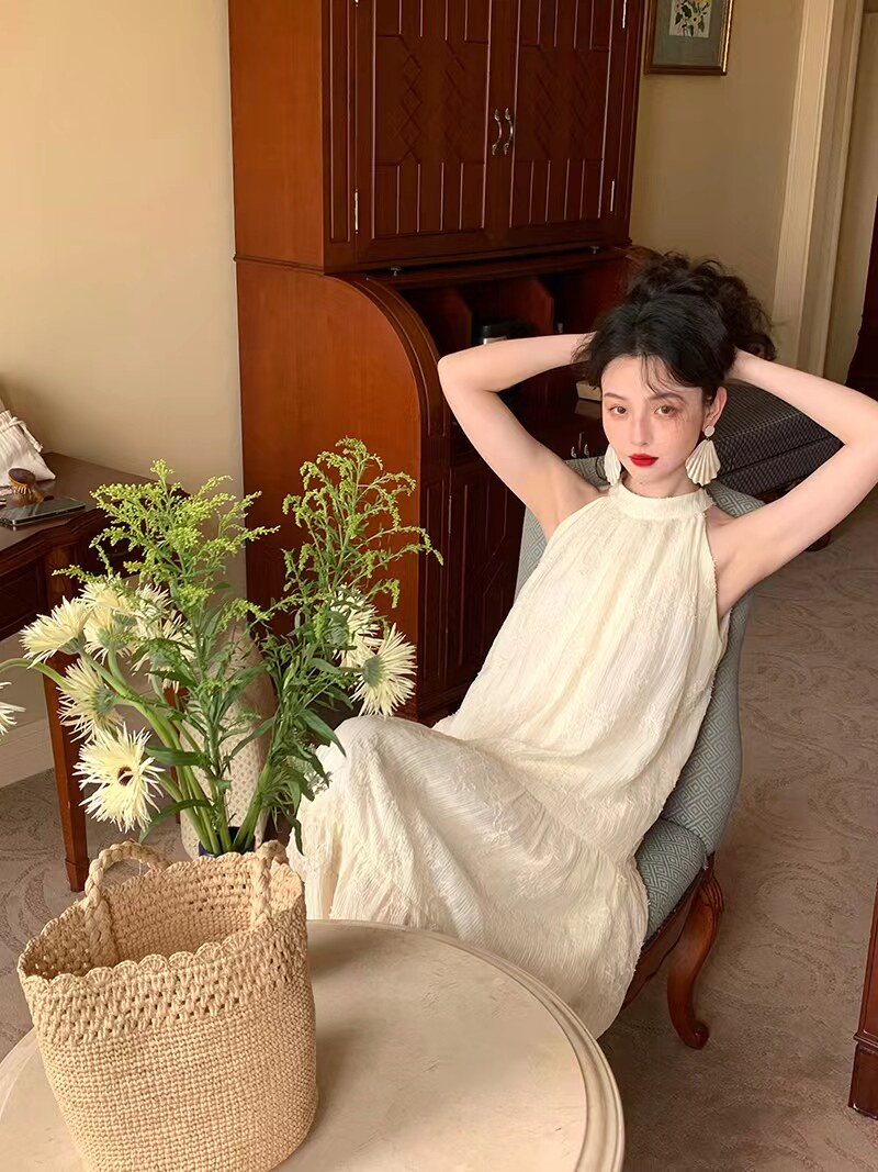 法式复古白色蕾丝挂脖连衣裙 夏连衣裙