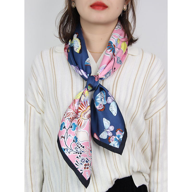 一条丝巾四种戴法重磅真丝斜纹大方巾桑蚕丝蝴蝶欧美围巾手工卷边