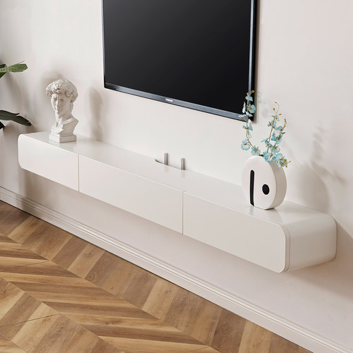 简约奶油风壁挂式悬空实木电视柜