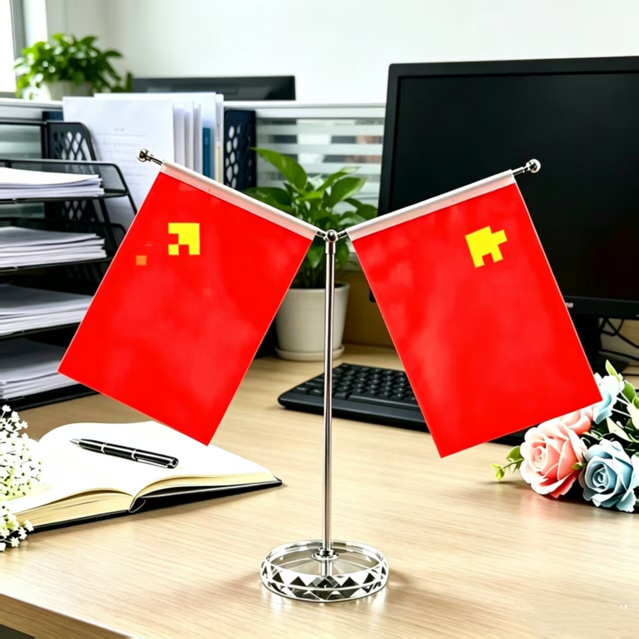 红旗摆件钛金桌面摆件装饰高端办公桌摆件小红旗装饰品办公室摆件