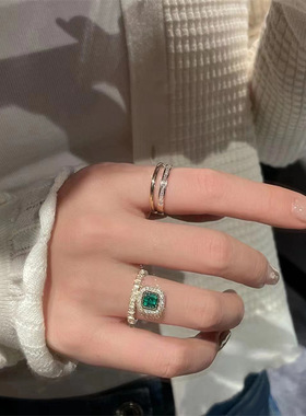 高级感复古镀18k黄金祖母绿戒指女两件套戒指开口可调节气质百搭