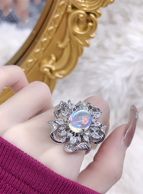 精致花瓣戒指女可调节幻彩锆石彩宝百搭网红闺蜜礼物小红书