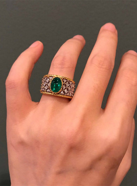 法式复古宫廷蕾丝祖母绿高级感开口戒指女镶嵌锆石指环镀分金时尚