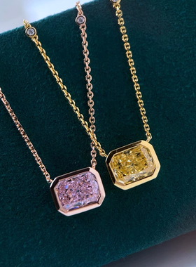 新款甜美满天星方形单颗钻石项链彩色宝石铜镀金黄粉钻简约锁骨链