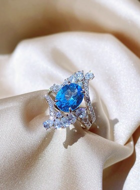 冷淡风ins高级彩宝帕拉伊巴托帕石戒指女蓝媲美海蓝宝开口食指戒