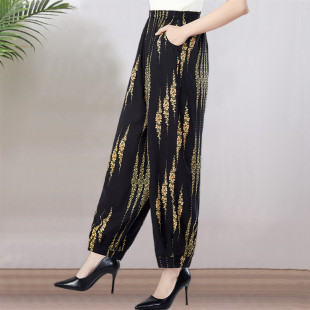 人造棉哈伦休闲长裤 棉绸印花灯笼裤 广场舞宽松薄款 夏季 中老年女裤
