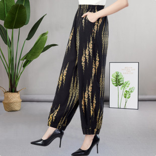 高腰大码 民族风印花阔腿长裤 广场舞 2026春夏棉绸灯笼裤 中老年女裤