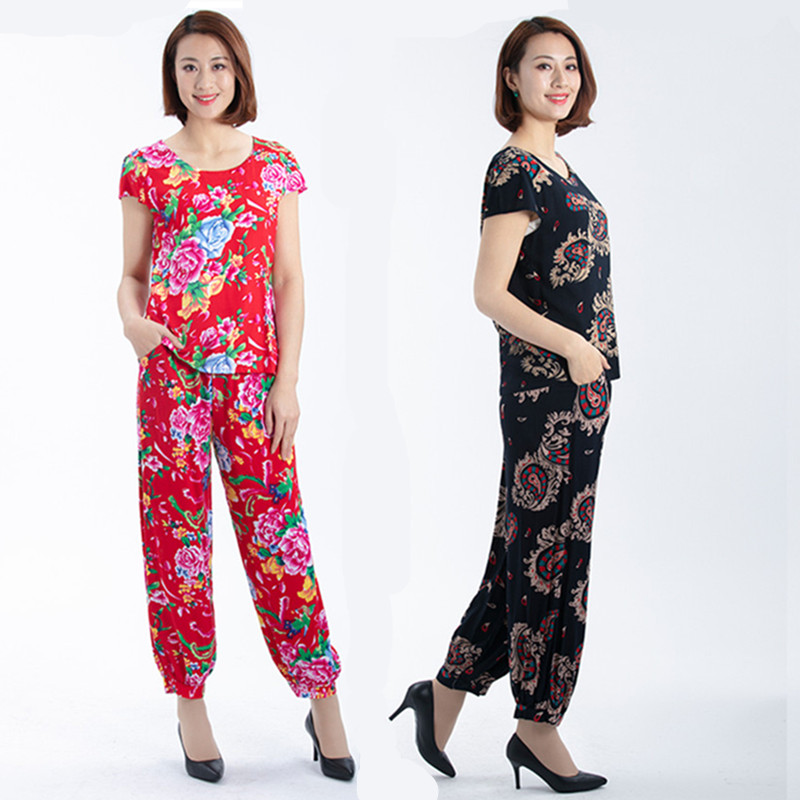 泰国棉绸两件套花萝卜灯笼裤短袖女夏装薄款海边度假沙滩时尚套装