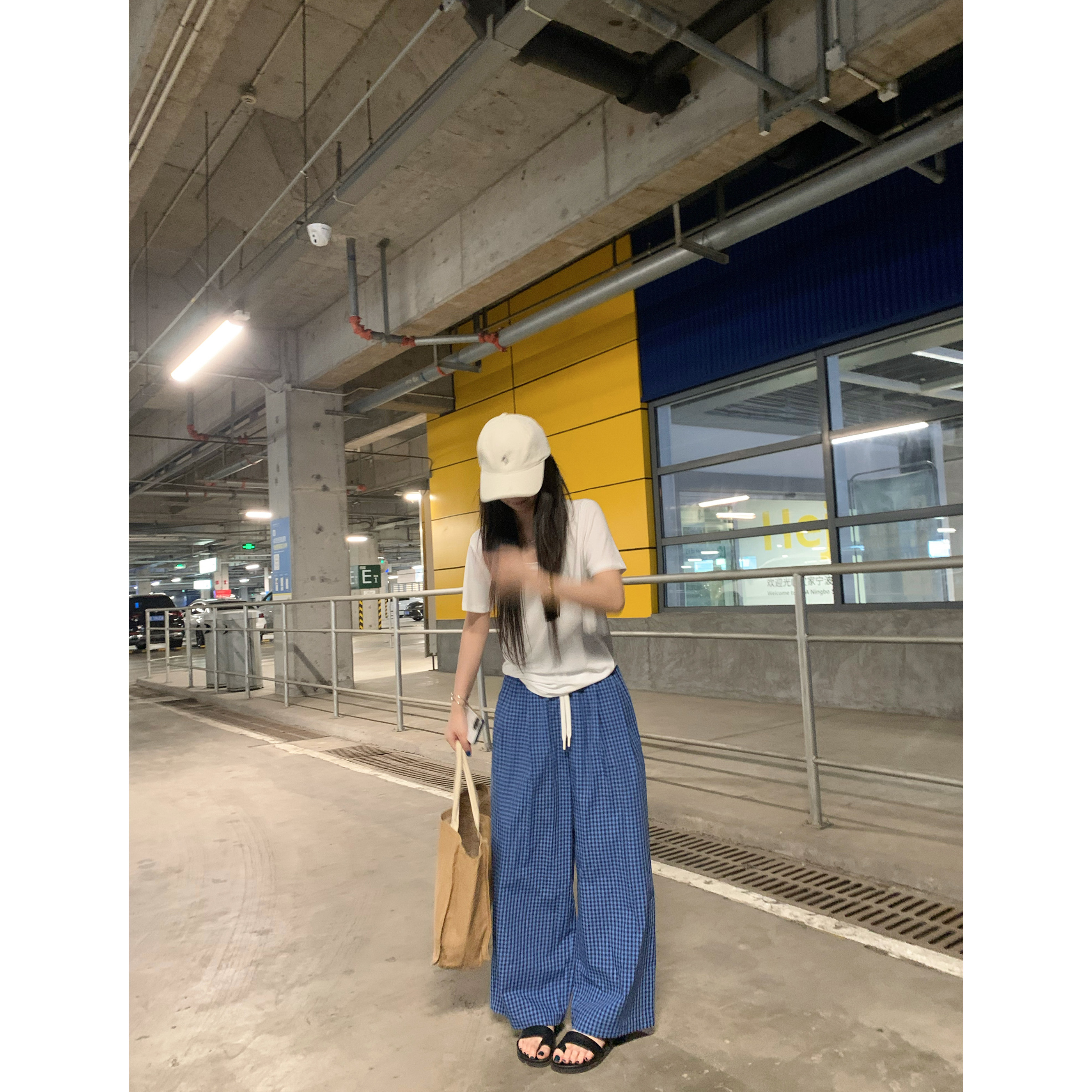 复古休闲细格纹休闲直筒抽绳裤