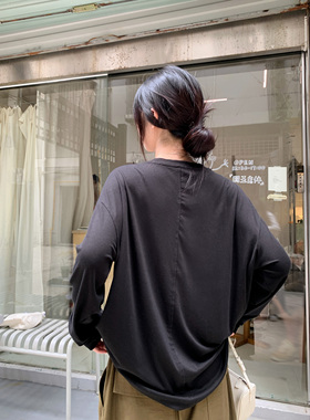 HVIVI 基础百搭长袖T恤女莱赛尔软糯宽松显瘦圆领纯色打底衫上衣