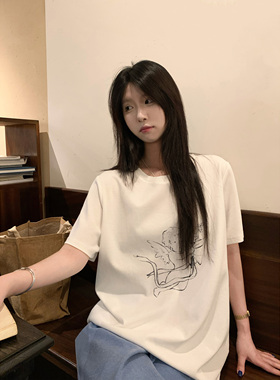 HVIVI手绘天使宽松正肩T恤女2025新款简约休闲宽松百搭短袖上衣