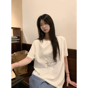 HVIVI手绘天使宽松正肩T恤女2025新款 上衣 简约休闲宽松百搭短袖