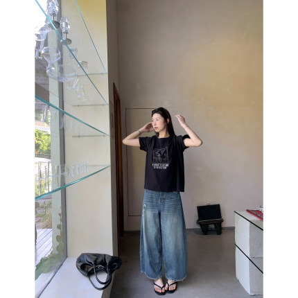 HVIVI 旧影集 复古美式印花圆领短袖T恤女夏季新款宽松正肩上衣