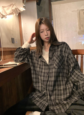 HVIVI 叠穿复古磨毛格子长袖衬衫女秋冬宽松慵懒中长款百搭上衣