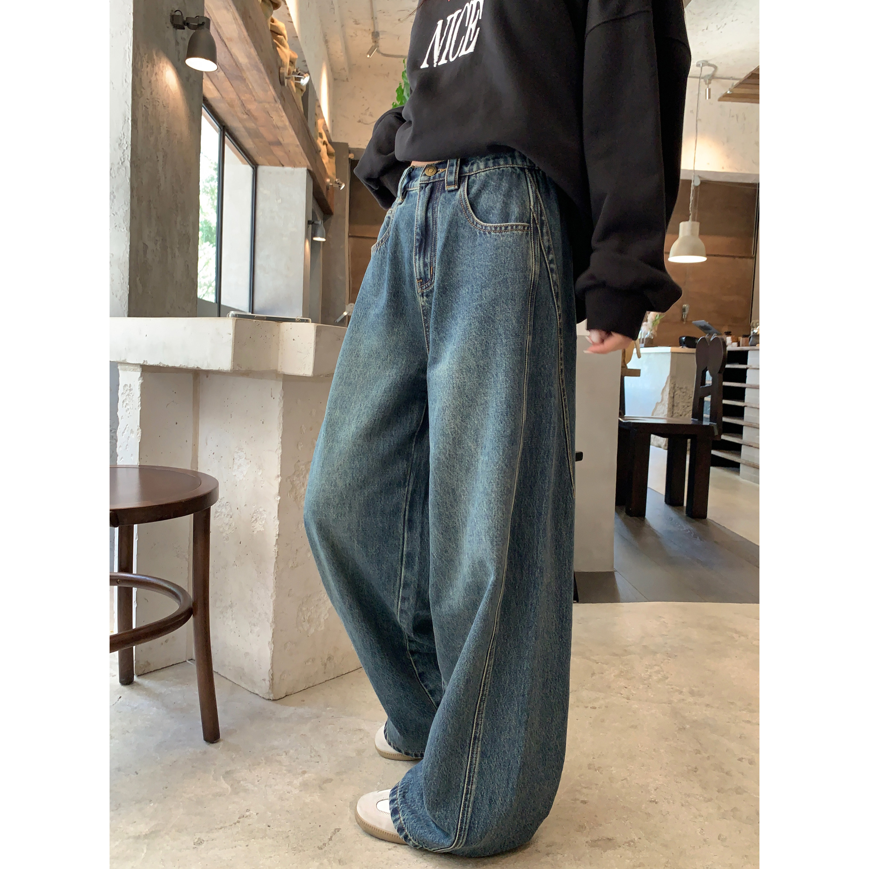 高腰直筒复古水洗牛仔裤