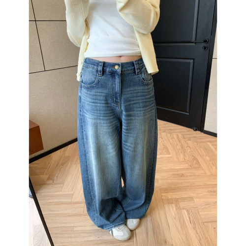 水洗高腰显瘦深蓝色渐变牛仔裤