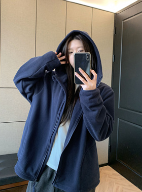 HVIVI 宽松慵懒风休闲摇粒绒连帽卫衣外套女秋冬加厚保暖2026新款