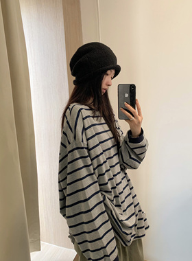 HVIVI宽松慵懒撞色条纹长袖T恤女韩系休闲百搭松弛感打底衫上衣秋