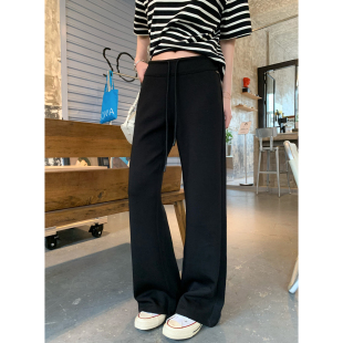 新款 显瘦抽绳四面弹微喇裤 版 慵懒风早春黑色修身 型超好看 HVIVI