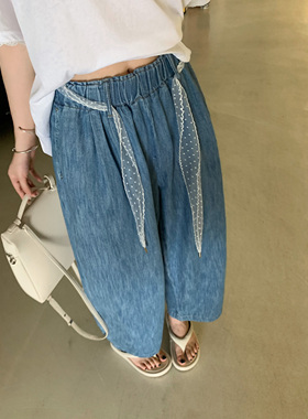 HVIVI蕾丝系带九分牛仔裤女夏季薄款气质高腰宽松直筒显瘦裤子
