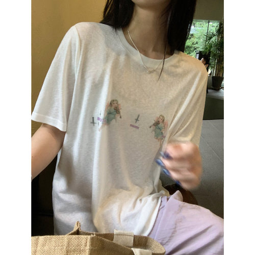 天使印花显瘦圆领凉感短袖T恤