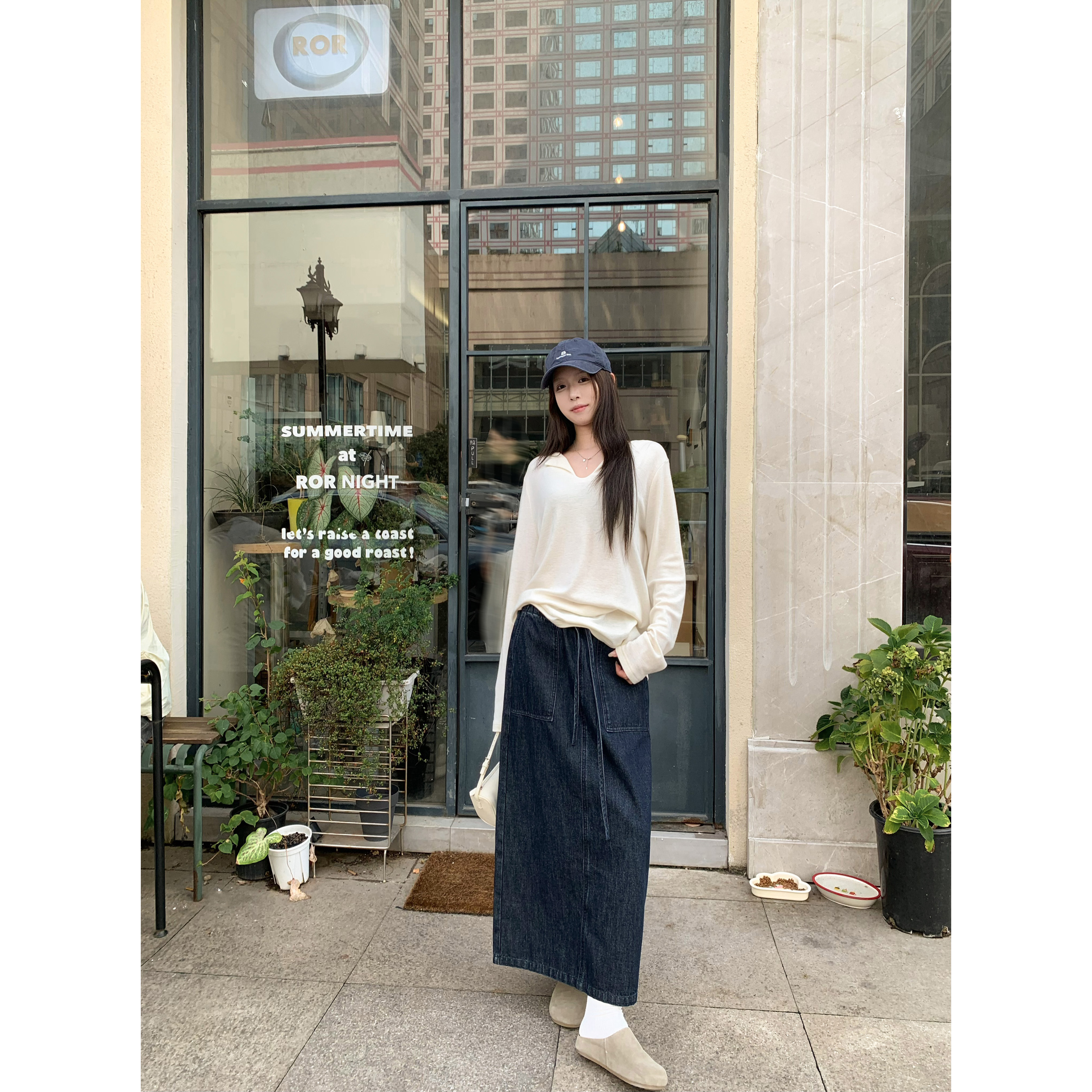 复古水洗蓝开叉牛仔半身裙