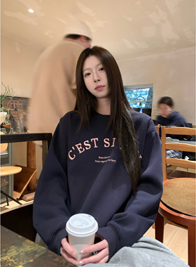 HVIVI 字母刺绣圆领加绒卫衣2026春季新款宽松休闲套头上衣女