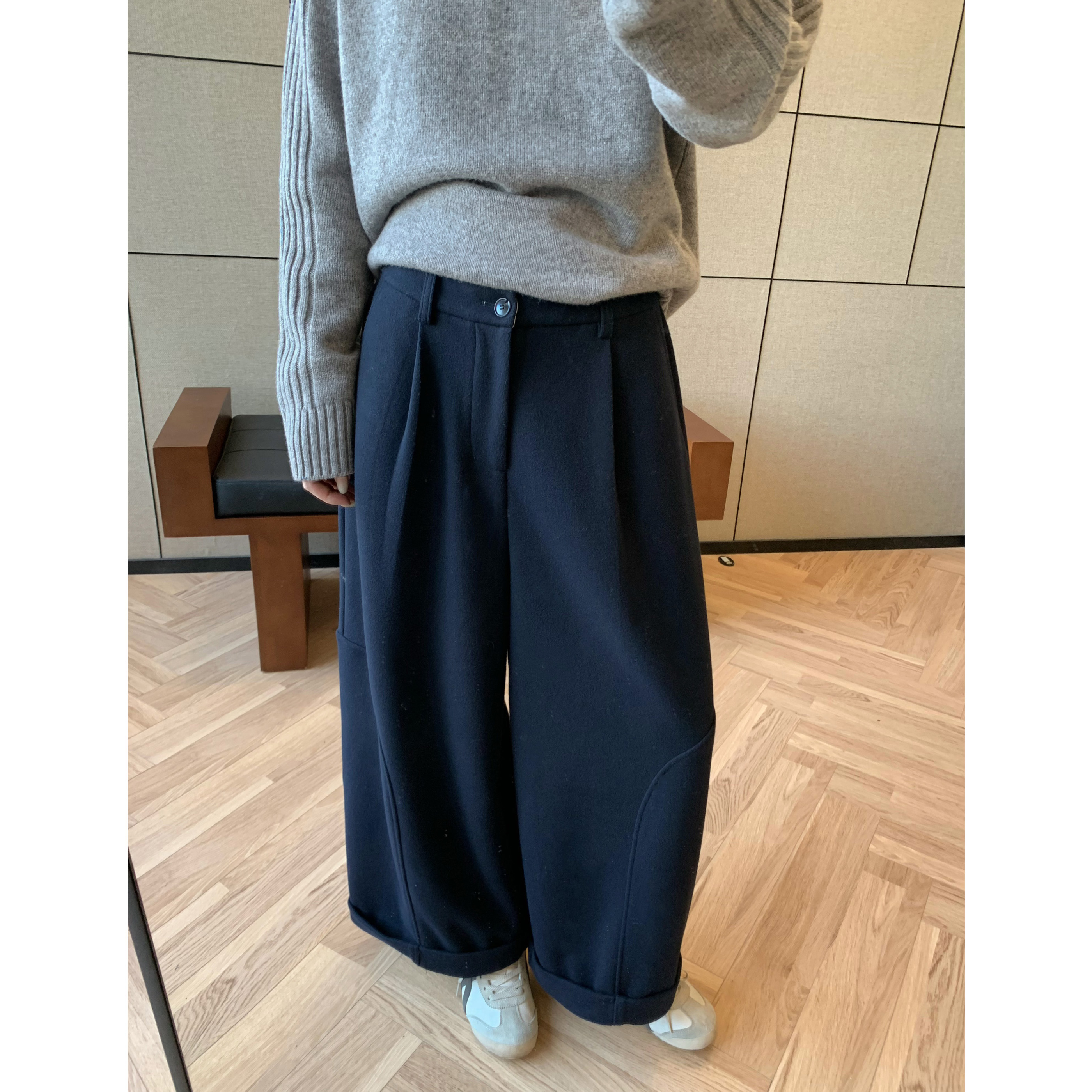 直筒气质垂感休闲毛呢阔腿裤