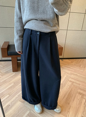 HVIVI宽松直筒翻边九分阔腿裤女冬加厚梨型遮胯显瘦百搭休闲裤