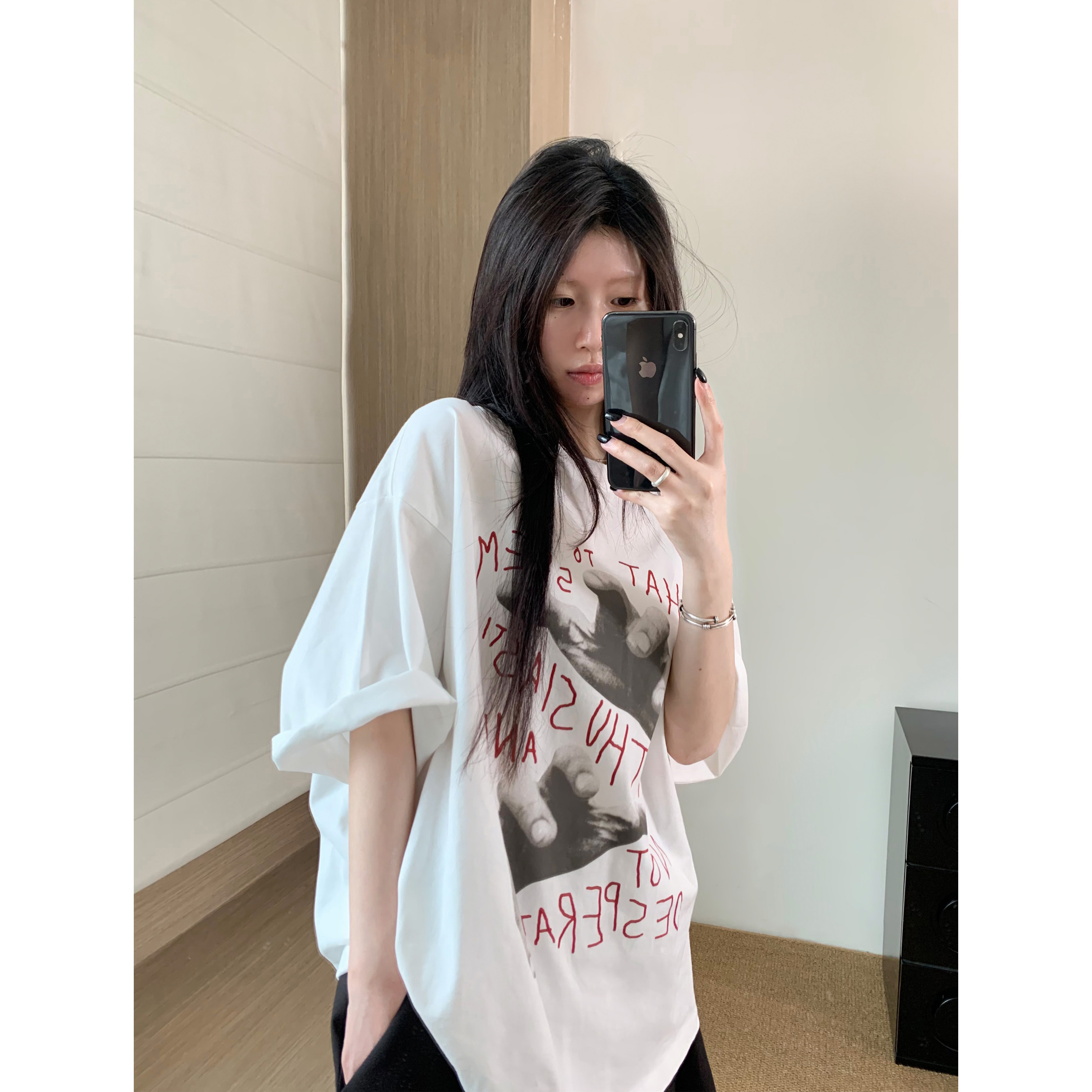 美式复古手掌印花宽松圆领短袖T