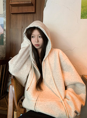 HVIVI美式加绒拉链连帽卫衣外套女秋冬加厚设计感休闲宽松上衣