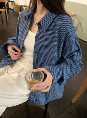 HVIVI 2026新款早春气质款趣味扭边设计100棉复古蓝格叠穿衬衣女