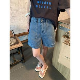 休闲显瘦A字五分裤 HVIVI高腰大口袋设计宽松阔腿牛仔短裤 女夏季
