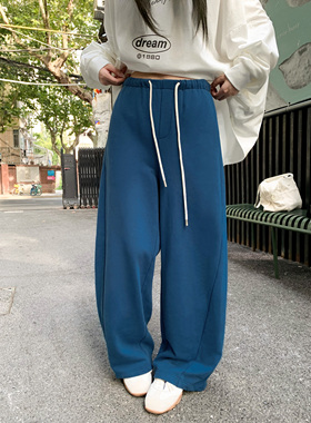 HVIVI 复古法式蓝宽松直筒休闲卫裤女秋季新款阔腿慵懒风运动长裤