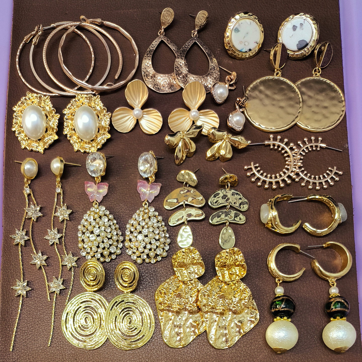 外贸孤品铜镀合金色珍珠花朵耳钉