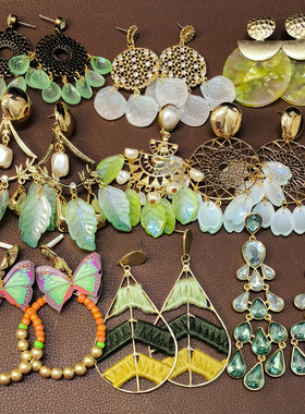 【独家设计款】A34原创手工绿色琉璃花朵叶子清新夸张大耳环耳钉