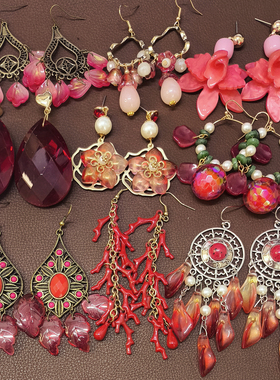 【国风大红色耳饰合集】B13幻彩琉璃花朵叶子水滴夸张耳环耳钉孤