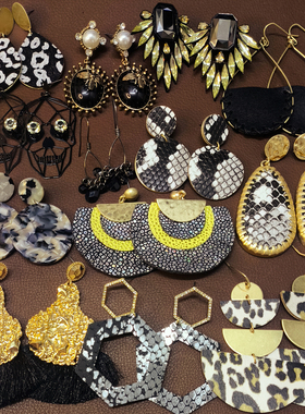 【复古夸张款】F13欧美个性黑色皮革醋酸板亚克力几何耳环耳钉