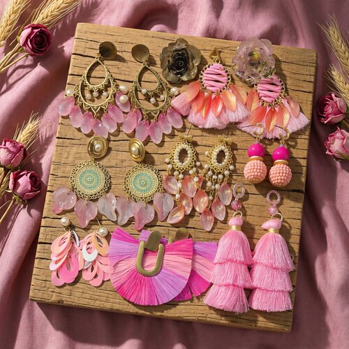 复古甜美粉琉璃花瓣流苏宫廷耳钉