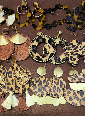 【复古风耳饰合集】E39外贸豹纹土黄色亚克力几何耳环耳钉孤品