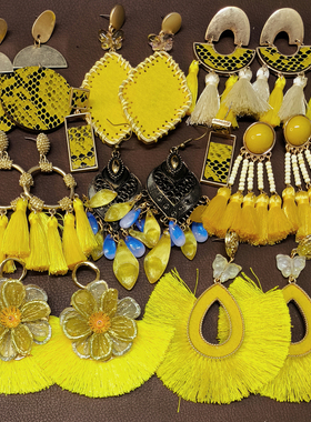 【外贸孤品合集】B34复古黄色花朵流苏琉璃皮革夸张个性耳环耳钉