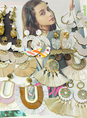 原创手工设计耳饰品H38复古白色夸张流苏皮革几何耳环耳钉孤品