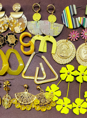 【外贸夸张款】B41复古黄色醋酸亚克力玻璃花朵长款耳环耳钉孤品