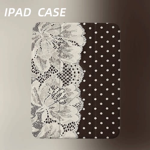原创复古白蕾圆点iPad2025新款11代苹果Air7防弯Y折ipad壳三折第9代平板壳11寸Pro亚克力适用mini7带笔槽