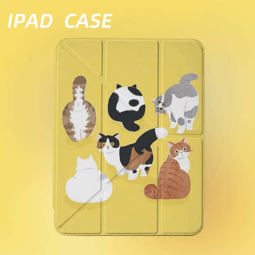 原创可爱多彩猫团iPad2025新款11代苹果Air7防弯Y折ipad壳三折第9代平板壳11寸Pro亚克力适用mini7带笔槽