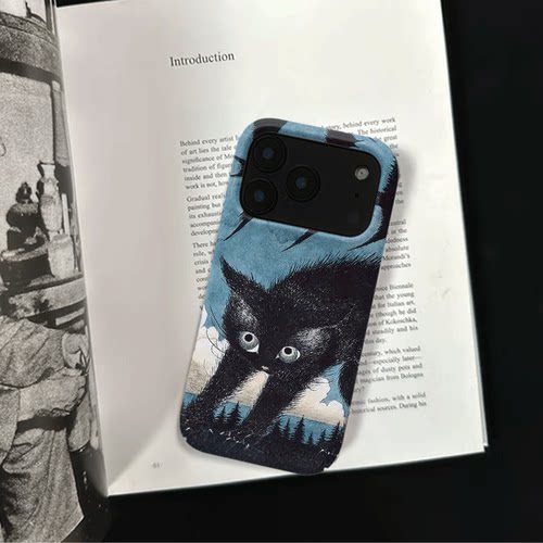 原创复古黑鸟黑猫iPhone18pro手机壳磁吸17p软壳亮面15半包壳苹果14promax全包磨砂硬壳适用三星s24S25