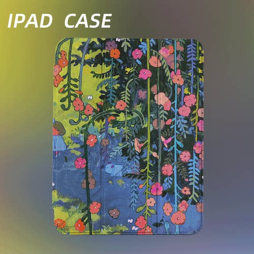 原创艺术花间漫步iPad2025新款11代苹果Air7防弯Y折ipad壳三折第9代平板壳11寸Pro亚克力适用mini7带笔槽